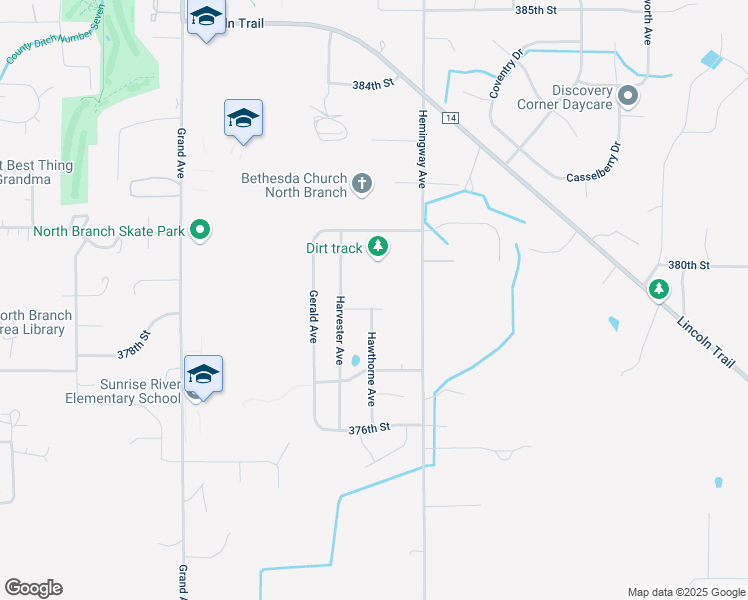 map of restaurants, bars, coffee shops, grocery stores, and more near 7204 379th Street in North Branch