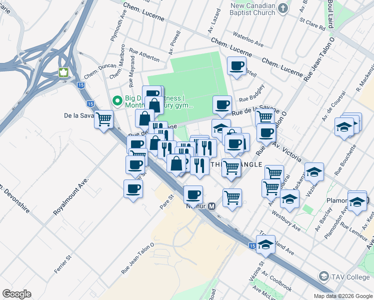map of restaurants, bars, coffee shops, grocery stores, and more near 7815 Avenue Mountain Sights in Montréal