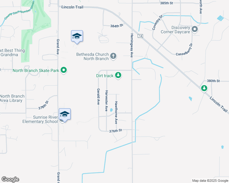 map of restaurants, bars, coffee shops, grocery stores, and more near 7204 379th Street in North Branch