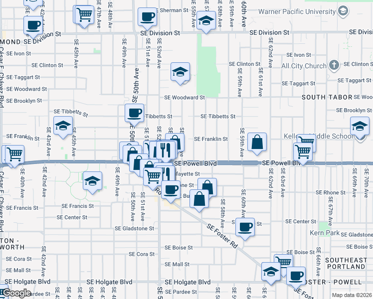 map of restaurants, bars, coffee shops, grocery stores, and more near 3440 Southeast 54th Avenue in Portland