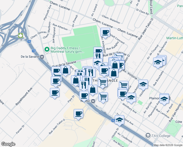 map of restaurants, bars, coffee shops, grocery stores, and more near 5077 Rue Paré in Montréal