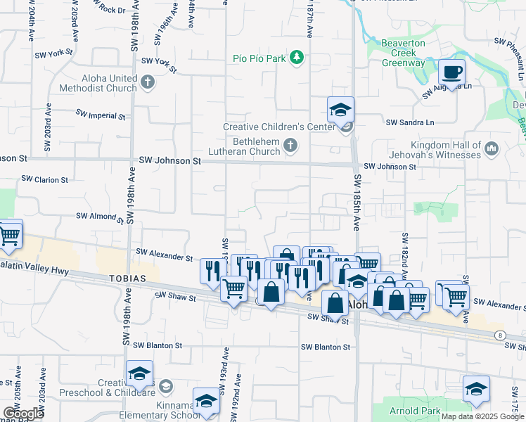 map of restaurants, bars, coffee shops, grocery stores, and more near 3117 Southwest Doyle Place in Aloha