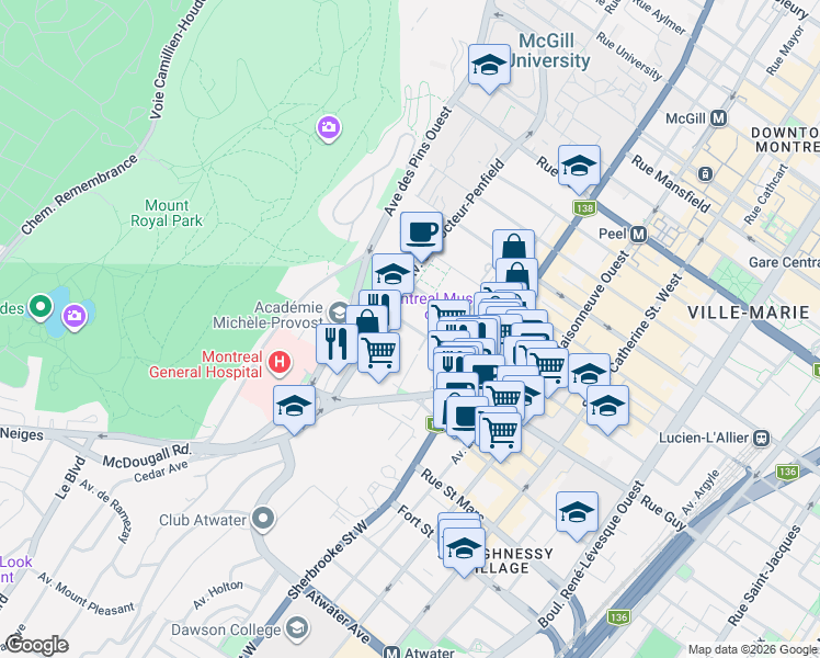 map of restaurants, bars, coffee shops, grocery stores, and more near 3470 Rue Simpson in Montréal