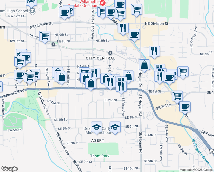 map of restaurants, bars, coffee shops, grocery stores, and more near 1155 Powell Boulevard in Gresham