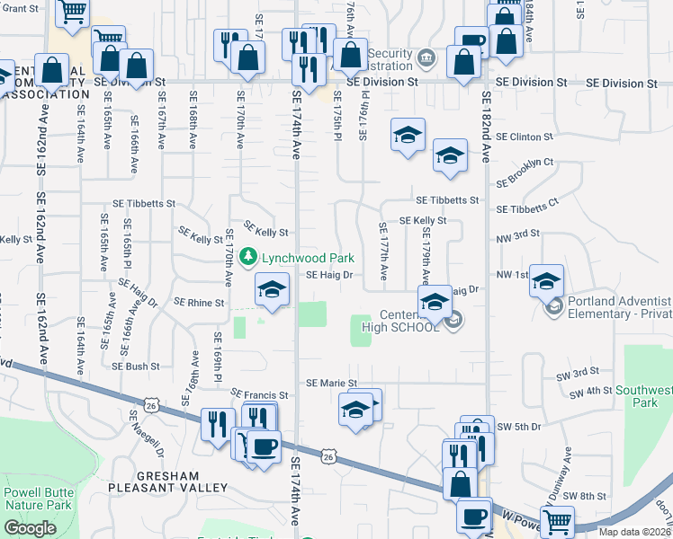 map of restaurants, bars, coffee shops, grocery stores, and more near 17552 Southeast Haig Drive in Portland