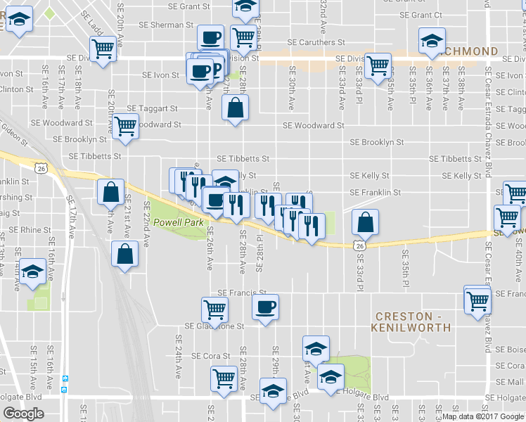 map of restaurants, bars, coffee shops, grocery stores, and more near 2825 Southeast Waverleigh Boulevard in Portland