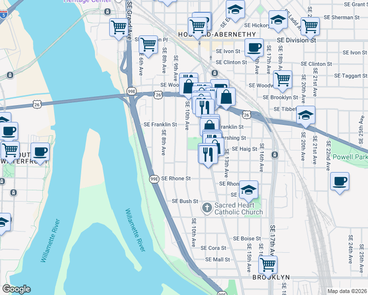 map of restaurants, bars, coffee shops, grocery stores, and more near 3416 Southeast 9th Avenue in Portland