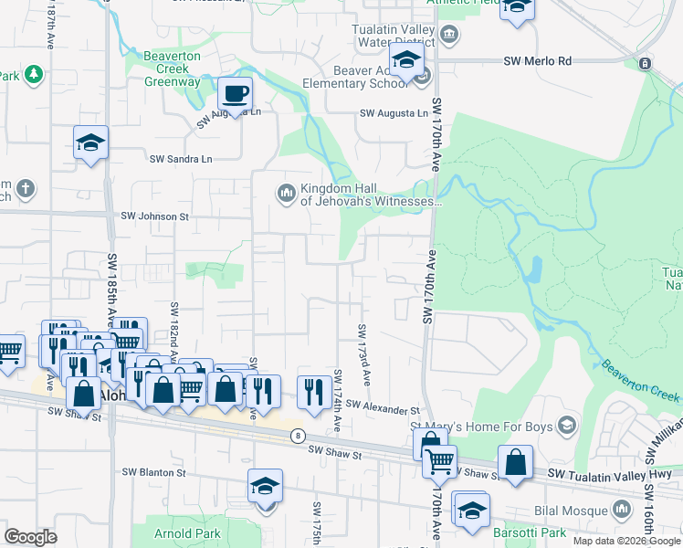 map of restaurants, bars, coffee shops, grocery stores, and more near 3030 Southwest 174th Avenue in Beaverton