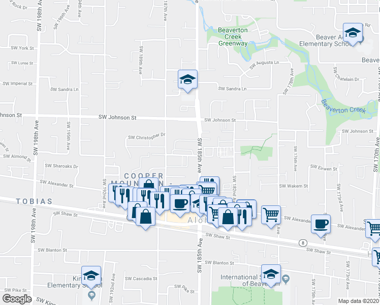 map of restaurants, bars, coffee shops, grocery stores, and more near 185 Southwest Cascade Drive in Aloha