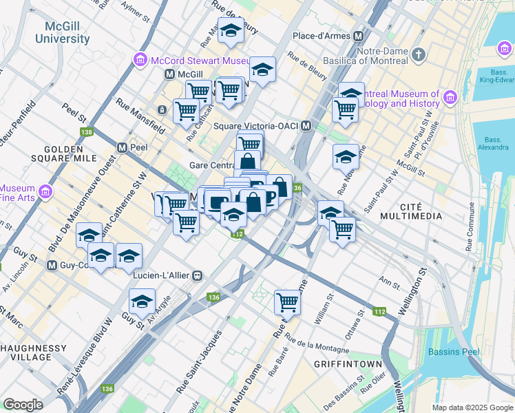 map of restaurants, bars, coffee shops, grocery stores, and more near 2400-1000 Rue De la Gauchetière Ouest in Montréal