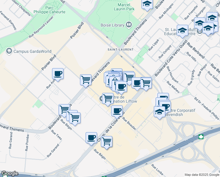 map of restaurants, bars, coffee shops, grocery stores, and more near 3205 Boulevard Cote Vertu Ouest in Montreal