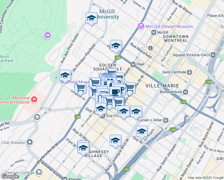 map of restaurants, bars, coffee shops, grocery stores, and more near 2035 Rue Crescent in Montréal