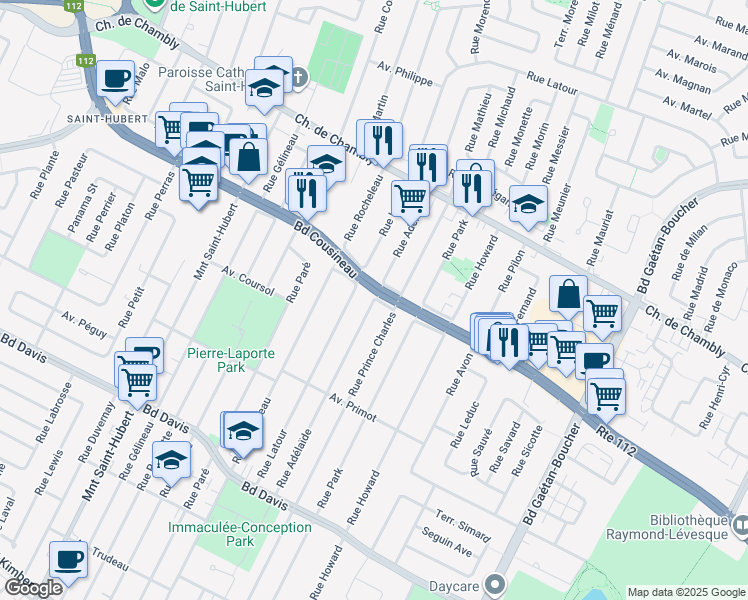 map of restaurants, bars, coffee shops, grocery stores, and more near Rue Adélaïde in Longueuil