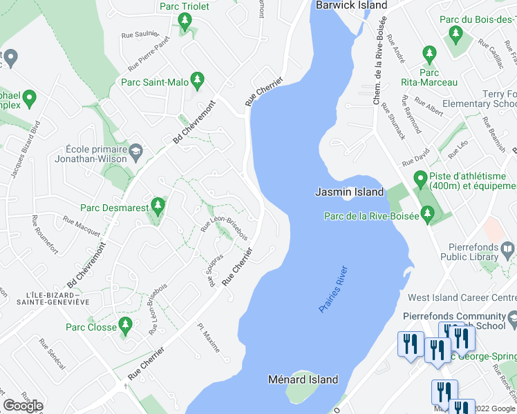 map of restaurants, bars, coffee shops, grocery stores, and more near 3205 Rue Cherrier in Montréal