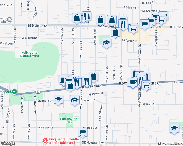 map of restaurants, bars, coffee shops, grocery stores, and more near 3315 Southeast 115th Avenue in Portland