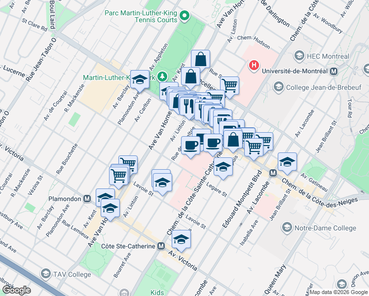 map of restaurants, bars, coffee shops, grocery stores, and more near 3850 Rue de la Peltrie in Montréal