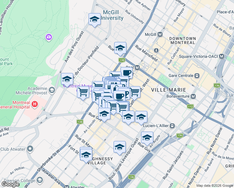 map of restaurants, bars, coffee shops, grocery stores, and more near 2015 Rue Crescent in Montréal