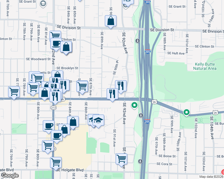 map of restaurants, bars, coffee shops, grocery stores, and more near 3321 Southeast 90th Place in Portland