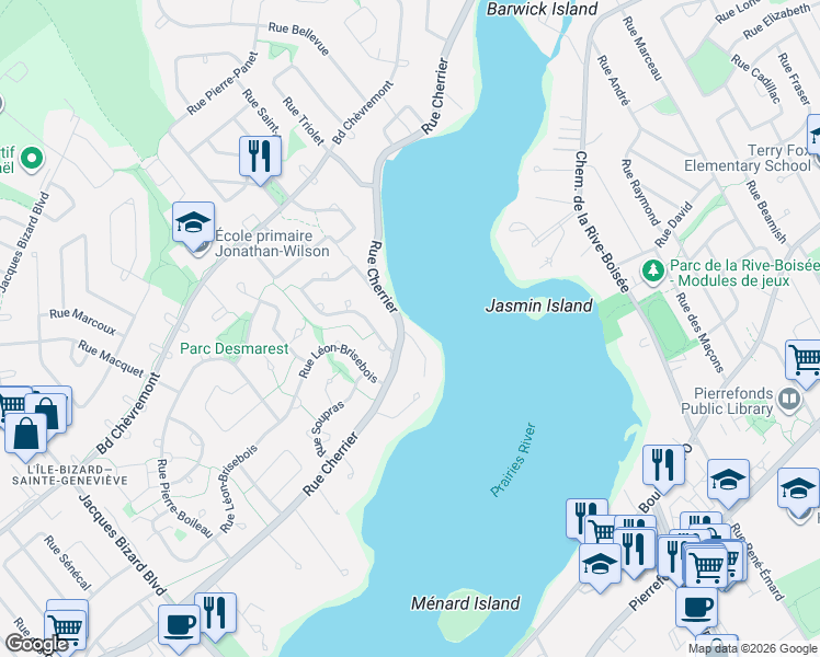 map of restaurants, bars, coffee shops, grocery stores, and more near 4 Avenue du Ruisseau in Montréal