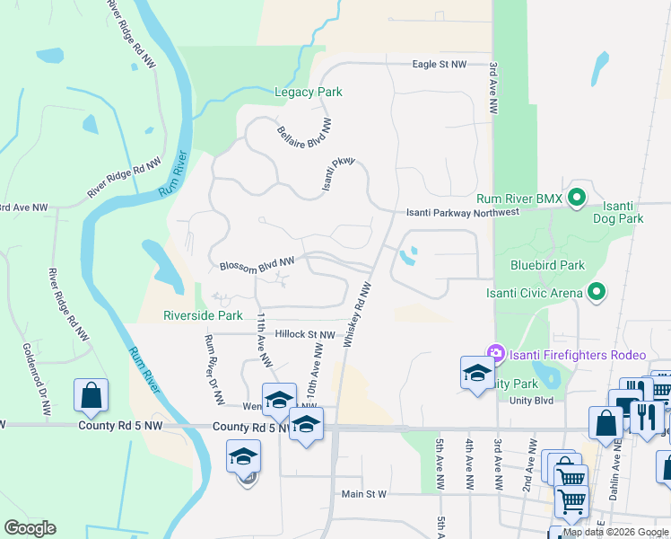 map of restaurants, bars, coffee shops, grocery stores, and more near 845 Winsome Way Northwest in Isanti