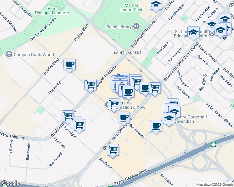 map of restaurants, bars, coffee shops, grocery stores, and more near in Montreal