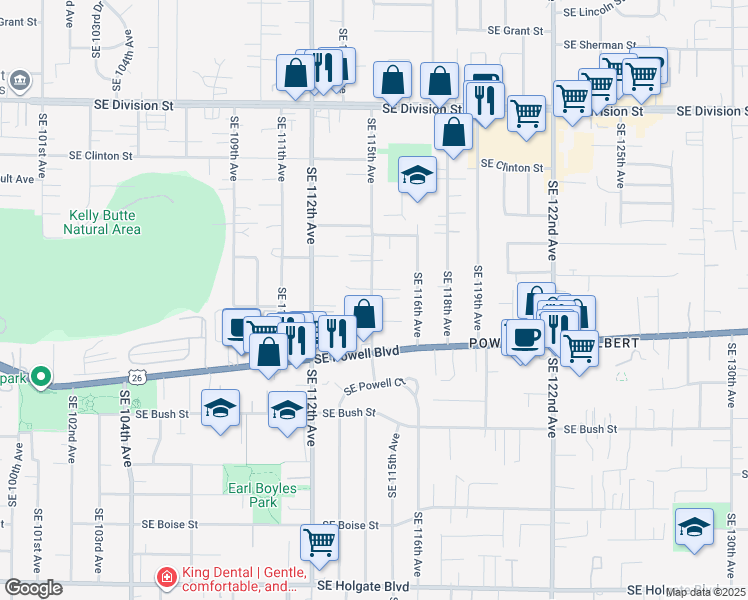 map of restaurants, bars, coffee shops, grocery stores, and more near 3315 Southeast 115th Avenue in Portland