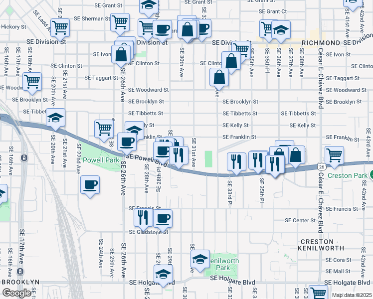 map of restaurants, bars, coffee shops, grocery stores, and more near 3013 Southeast Waverleigh Boulevard in Portland