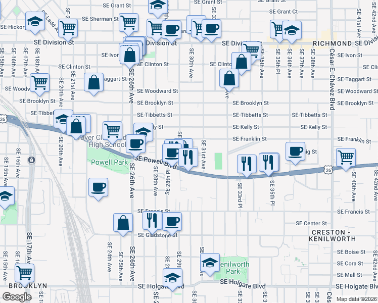 map of restaurants, bars, coffee shops, grocery stores, and more near 2937 Southeast Waverleigh Boulevard in Portland