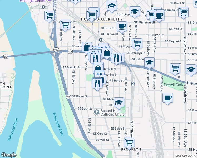 map of restaurants, bars, coffee shops, grocery stores, and more near 1166 Southeast Haig Street in Portland