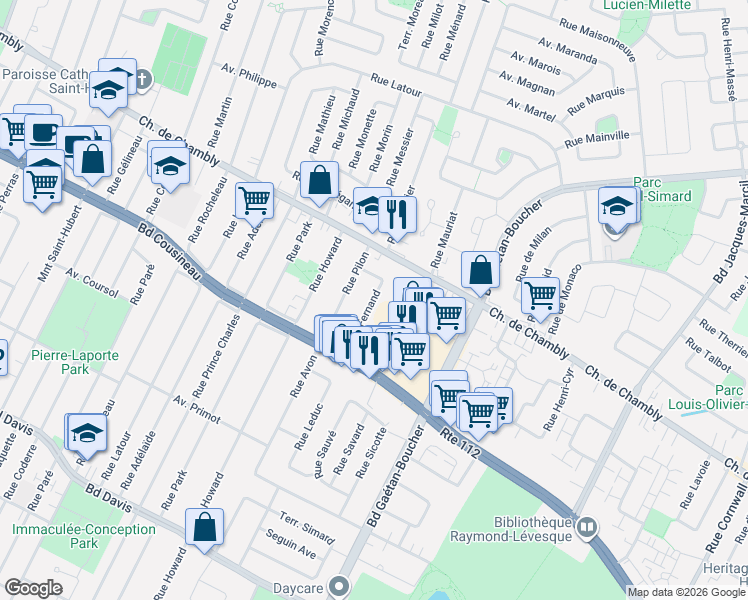 map of restaurants, bars, coffee shops, grocery stores, and more near 2405 Rue Fernand in Longueuil