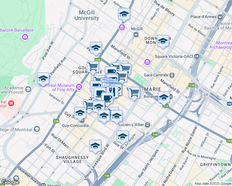 map of restaurants, bars, coffee shops, grocery stores, and more near 1230 Rue Sainte-Catherine Ouest in Montréal