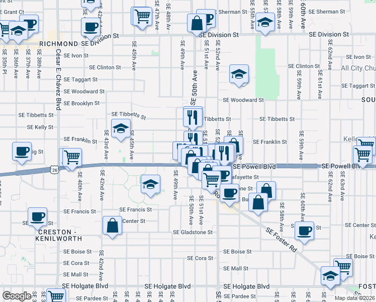 map of restaurants, bars, coffee shops, grocery stores, and more near 3327 Southeast 50th Avenue in Portland