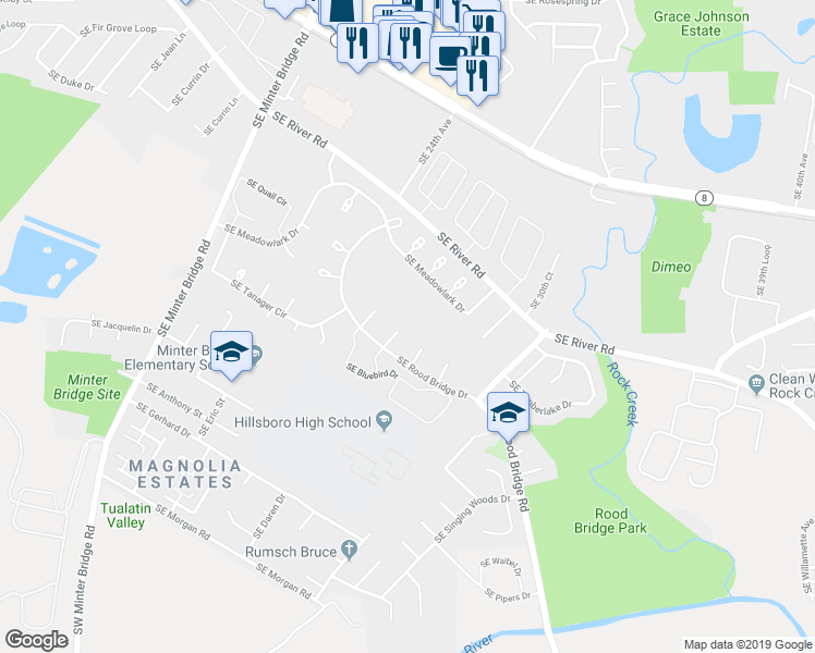 map of restaurants, bars, coffee shops, grocery stores, and more near 2478 Southeast Clover Court in Hillsboro