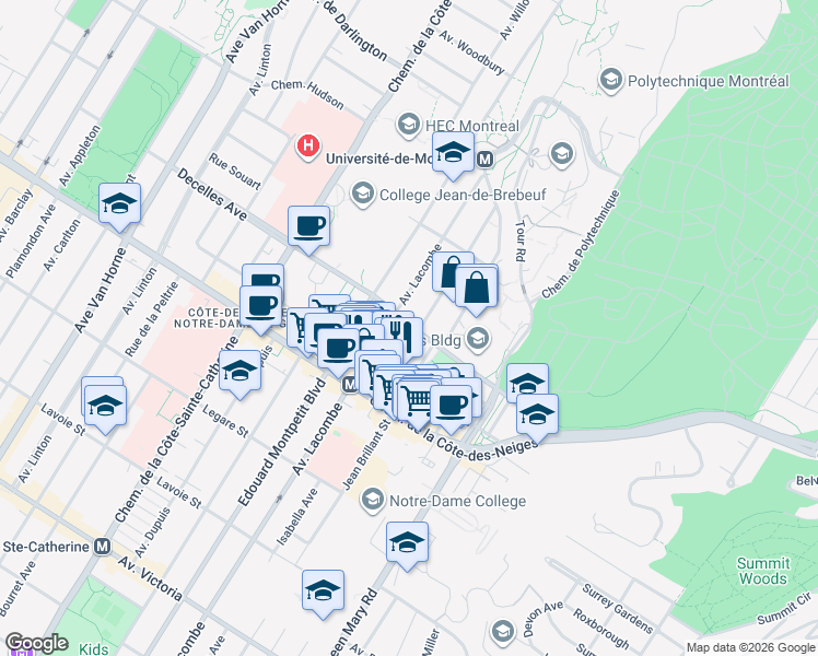 map of restaurants, bars, coffee shops, grocery stores, and more near 5352 Avenue Decelles in Montréal