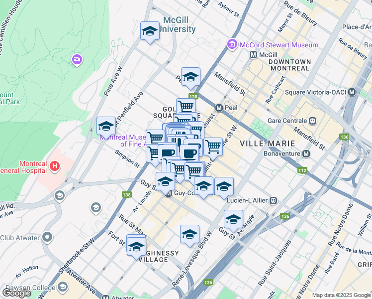 map of restaurants, bars, coffee shops, grocery stores, and more near in Montreal