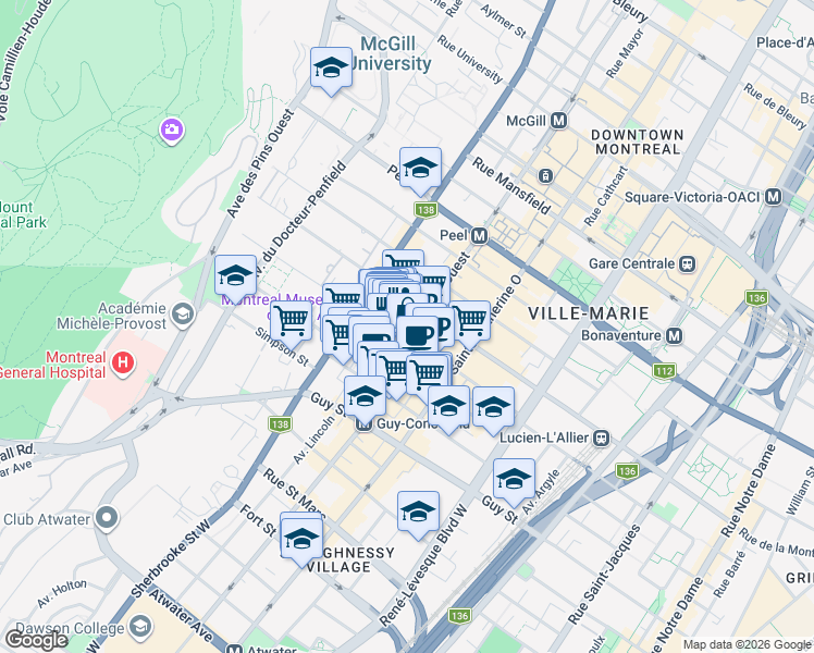 map of restaurants, bars, coffee shops, grocery stores, and more near 2035 Rue Crescent in Montréal