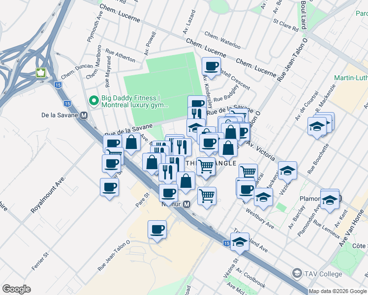 map of restaurants, bars, coffee shops, grocery stores, and more near 5077 Rue Paré in Montréal