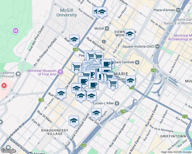 map of restaurants, bars, coffee shops, grocery stores, and more near 1239 Rue Drummond in Montréal