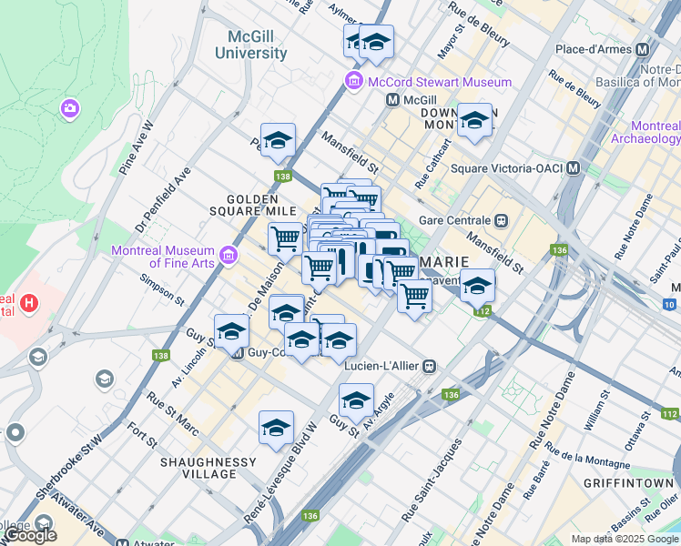 map of restaurants, bars, coffee shops, grocery stores, and more near 1229 Rue de la Montagne in Montréal