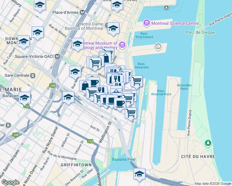 map of restaurants, bars, coffee shops, grocery stores, and more near in Montreal