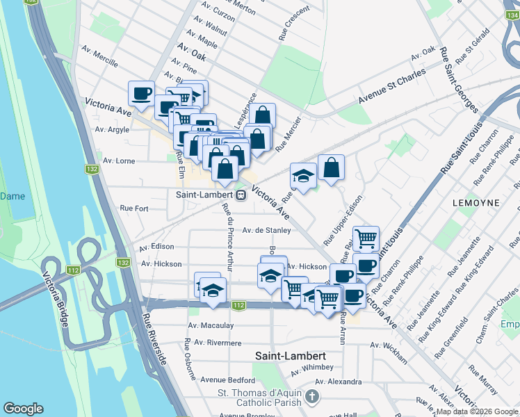 map of restaurants, bars, coffee shops, grocery stores, and more near 250 Avenue Saint-Laurent in Saint-Lambert