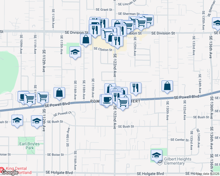 map of restaurants, bars, coffee shops, grocery stores, and more near 3317 Southeast 122nd Avenue in Portland
