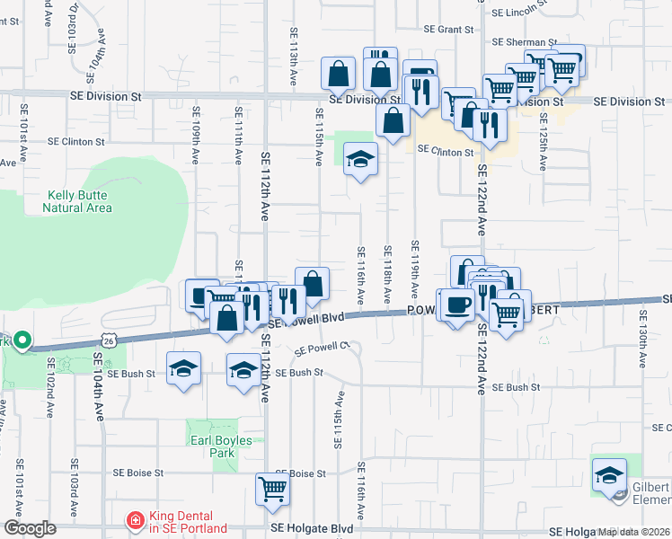 map of restaurants, bars, coffee shops, grocery stores, and more near 3323 Southeast 116th Avenue in Portland