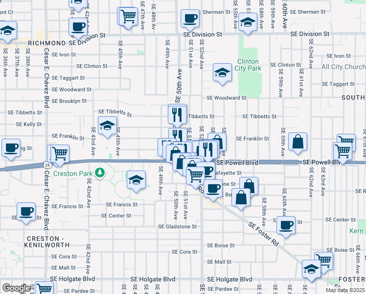 map of restaurants, bars, coffee shops, grocery stores, and more near 3420 Southeast 51st Avenue in Portland