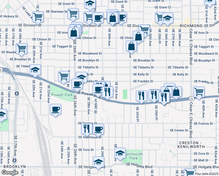 map of restaurants, bars, coffee shops, grocery stores, and more near 3030 Southeast Waverleigh Boulevard in Portland