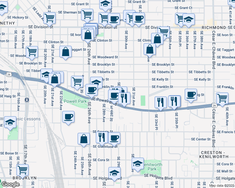 map of restaurants, bars, coffee shops, grocery stores, and more near 2920 Southeast Waverleigh Boulevard in Portland