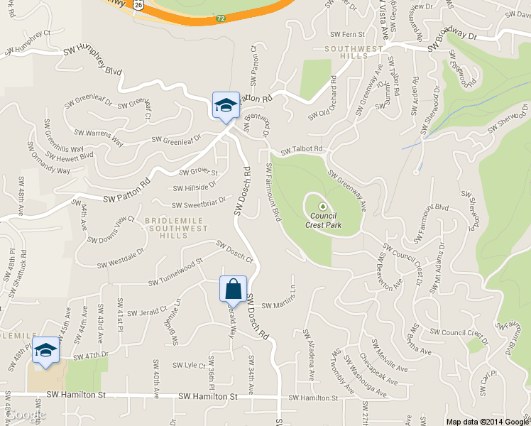 map of restaurants, bars, coffee shops, grocery stores, and more near 3451 Southwest Doschview Court in Portland