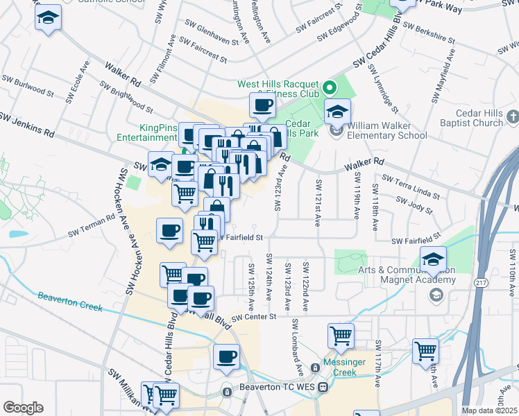 map of restaurants, bars, coffee shops, grocery stores, and more near 12520 Southwest Gem Lane in Beaverton
