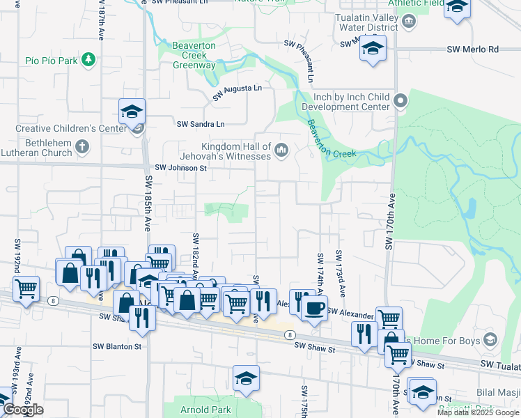 map of restaurants, bars, coffee shops, grocery stores, and more near 17792 Southwest Harper Court in Beaverton