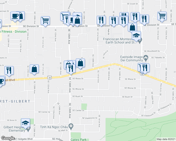 map of restaurants, bars, coffee shops, grocery stores, and more near 13908 Southeast Powell Boulevard in Portland